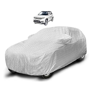 auto hub car cover compatible with maruti suzuki brezza 2022 with mirror pockets water resistant car cover metallic silver