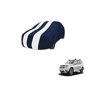 auto hub car cover compatible with renault duster with mirror pocket weather proof triple stitched duster car cover- navy-white