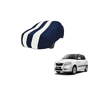 auto hub car cover compatible with skoda fabia with mirror pocket weather proof triple stitched fabia car cover- navy-white