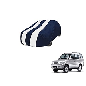 auto hub car cover compatible with tata safari dicor with mirror pocket weather proof triple stitched safari dicor car cover- navy-white