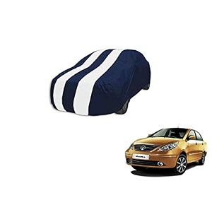 auto hub car cover compatible with tata manza with mirror pocket weather proof triple stitched manza car cover- navy-white