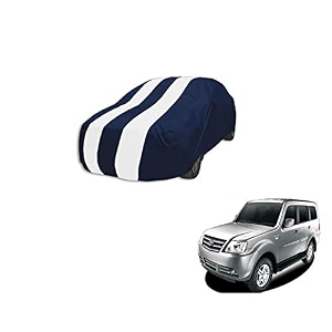 auto hub car cover compatible with tata sumo grand with mirror pocket weather proof triple stitched sumo grand car cover- navy-white