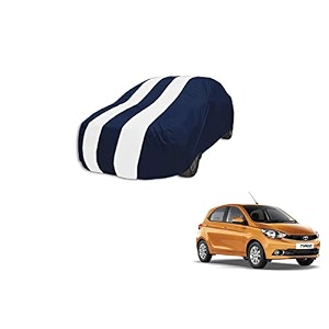 auto hub car cover compatible with tata tiago with mirror pocket weather proof triple stitched tiago car cover- navy-white