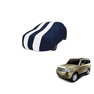 auto hub car cover compatible with tata sumo grande with mirror pocket weather proof triple stitched sumo grand car cover- navy-white