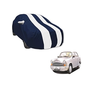 auto hub car cover compatible with hindustan ambassador with mirror pocket water resistant triple stitched ambassador car cover- navy-white