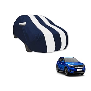 auto hub car cover compatible with kia seltos model-2019-2025 with mirror pocket weather proof triple stitched seltos car cover- navy-white