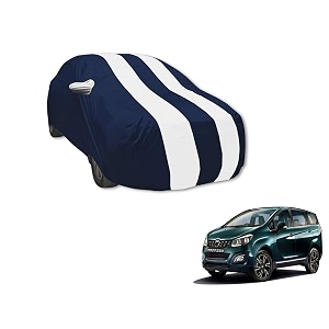 auto hub car cover compatible with mahindra marazzo with mirror pocket water resistant triple stitched marazzo car cover- navy-white