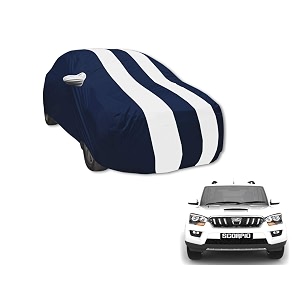 auto hub car cover compatible with mahindra scorpio model  2015-till date with mirror pocket water resistant triple stitched scorpio car cover- navy-white