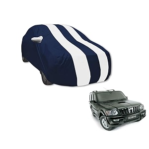 auto hub car cover compatible with mahindra scorpio old 2006-2015 with mirror pocket water resistant triple stitched scorpio car cover- navy-white