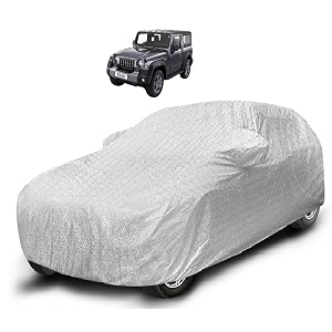 auto hub waterproof car cover compatible with mahindra thar new with mirror pocket soft cotton lining waterproof thar car cover- metallic silver