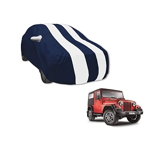auto hub car cover compatible with mahindra thar old with mirror pocket water resistant triple stitched thar car cover- navy-white