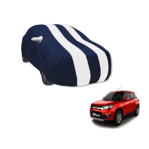 auto hub car cover compatible with maruti vitara brezza model  2015-2021 with mirror pocket water resistant triple stitched vitara brezza car cover- navy-white