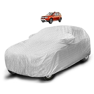 auto hub waterproof car cover compatible with duster model- 2012-2025 with mirror pocket soft cotton lining waterproof duster car cover- metallic silver