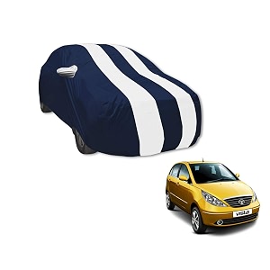 auto hub car cover compatible with tata indica vista with mirror pocket water resistant triple stitched indica vista car cover- navy-white