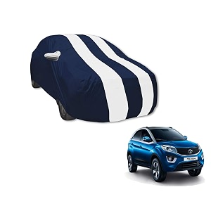 auto hub car cover compatible with tata nexon with mirror pocket weather proof triple stitched nexon car cover- navy-white