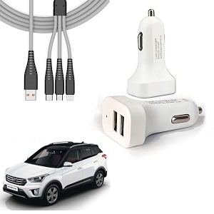 auto pearl 2 ports fast car charger with 3 in 1 white cable dual usb turbo charger compatible with creta-type-1 2015-2017