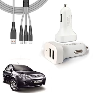 auto pearl 2 ports fast car charger with 3 in 1 white cable dual usb turbo charger compatible with fiesta-classic 2011-2012