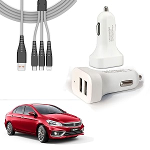 auto pearl 2 ports fast car charger with 3 in 1 white cable dual usb turbo charger compatible with ciaz 2018-2022