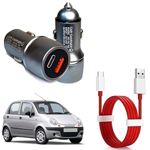 auto pearl compact metal mini dual port ultra fast car charger usb a amp type c port with type-c red cable turbo charger grey compatible with matiz