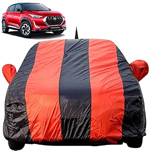 autofact car body cover compatible with nissan magnite2020 to 2021 with mirror and antenna pocket light weighttriple stitchedheavy bucklebottom fully elasticred stripes with navy blue color