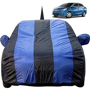 autofact car body cover for honda amaze 2011 to 2017 with mirror and antenna pocket light weight triple stitched heavy buckle bottom fully elastic royal blue stripes with navy blue color