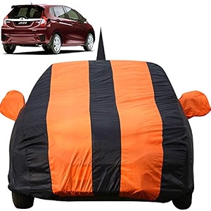 autofact car body cover for honda jazz 2015 to 2019 with mirror and antenna pocket light weight triple stitched heavy buckle bottom fully elastic orange stripes with navy blue color