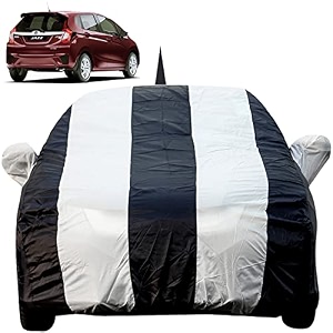 autofact car body cover for honda jazz 2015 to 2019 with mirror and antenna pocket light weight triple stitched heavy buckle bottom fully elastic white stripes with navy blue color