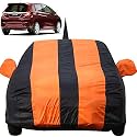 Autofact Car Body Cover for Honda Jazz (2015 to 2019) with Mirror and Antenna Pocket (Light Weight, Triple Stitched, Heavy Buckle, Bottom Fully Elastic, Orange Stripes with Navy Blue Color)