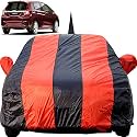 Autofact Car Body Cover for Honda Jazz (2015 to 2019) with Mirror and Antenna Pocket (Light Weight, Triple Stitched, Heavy Buckle, Bottom Fully Elastic, Red Stripes with Navy Blue Color)