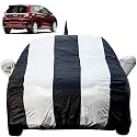 Autofact Car Body Cover for Honda Jazz (2015 to 2019) with Mirror and Antenna Pocket (Light Weight, Triple Stitched, Heavy Buckle, Bottom Fully Elastic, White Stripes with Navy Blue Color)