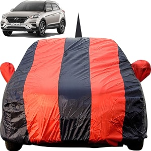 autofact car body cover for hyundai creta with mirror and antenna pocket light weight triple stitched heavy buckle bottom fully elastic red stripes with navy blue color