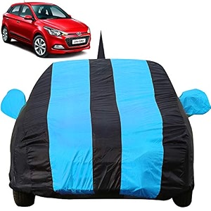 autofact car body cover for hyundai elite i20 with mirror and antenna pocket light weight triple stitched heavy buckle bottom fully elastic teak blue stripes with navy blue color