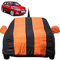 Autofact Car Body Cover for Hyundai Elite I20 with Mirror and Antenna Pocket (Light Weight, Triple Stitched, Heavy Buckle, Bottom Fully Elastic, Orange Stripes with Navy Blue Color)