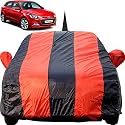 Autofact Car Body Cover for Hyundai Elite I20 with Mirror and Antenna Pocket (Light Weight, Triple Stitched, Heavy Buckle, Bottom Fully Elastic, Red Stripes with Navy Blue Color)