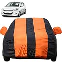 Autofact Car Body Cover for Hyundai i10 (Mirror Pocket, Premium Fabric, Triple Stiched, Fully Elastic, Orange/Blue Color)