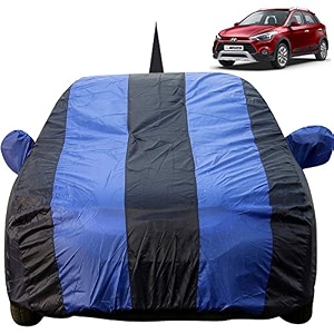 autofact car body cover for hyundai i20 active with mirror and antenna pocket light weight triple stitched heavy buckle bottom fully elastic royal blue stripes with navy blue color