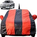 Autofact Car Body Cover for Hyundai Verna Fludic (2011 to 2016) with Mirror and Antenna Pocket (Light Weight, Triple Stitched, Heavy Buckle, Bottom Fully Elastic, Red Stripes with Navy Blue Color)