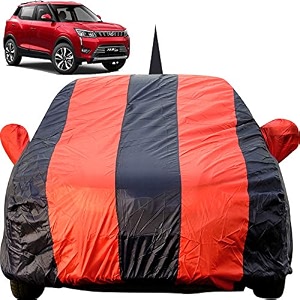 autofact car body cover for mahindra xuv300 with mirror and antenna pocket light weight triple stitched heavy buckle bottom fully elastic red stripes with navy blue color