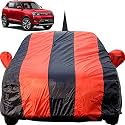 Autofact Car Body Cover for Mahindra Xuv300 with Mirror and Antenna Pocket (Light Weight, Triple Stitched, Heavy Buckle, Bottom Fully Elastic, Red Stripes with Navy Blue Color)
