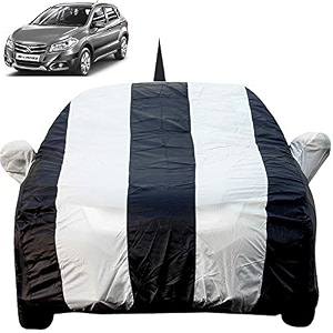 autofact car body cover for maruti scross with mirror and antenna pocket light weight triple stitched heavy buckle bottom fully elastic white stripes with navy blue color