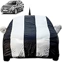 Autofact Car Body Cover for Maruti SCross with Mirror and Antenna Pocket (Light Weight, Triple Stitched, Heavy Buckle, Bottom Fully Elastic, White Stripes with Navy Blue Color)