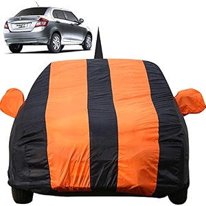 autofact car body cover for maruti swift dzire 2012 to 2016 with mirror and antenna pocket light weight triple stitched heavy buckle bottom fully elastic orange stripes with navy blue color
