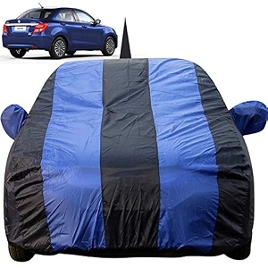 autofact car body cover for maruti swift dzire -2017 to 2019 with mirror and antenna pocket lightweight triple stitched heavy buckle bottom fully elastic royal blue stripes with navy blue color