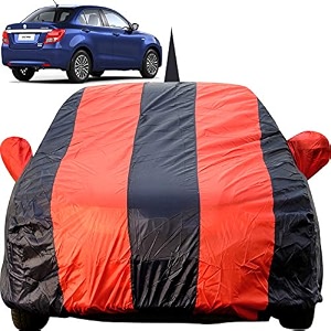autofact car body cover for maruti swift dzire 2017 to 2019 with mirror and antenna pocket light weight triple stitched heavy buckle bottom fully elastic red stripes with navy blue color