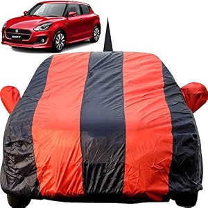 autofact car body cover for maruti swift 20182019 with mirror and antenna pocket light weight triple stitched heavy buckle bottom fully elastic red stripes with navy blue color