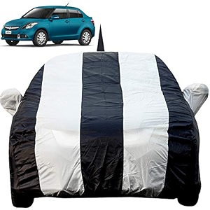 autofact car body cover for maruti swift dzire 2012 to 2016 with mirror and antenna pocket light weight triple stitched heavy buckle bottom fully elastic white stripes with navy blue color