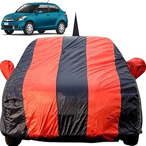 autofact car body cover for maruti swift dzire 2012 to 2016 with mirror and antenna pocket light weight triple stitched heavy buckle bottom fully elastic red stripes with navy blue color