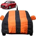 Autofact Car Body Cover for Maruti Swift (2018/2019) with Mirror and Antenna Pocket (Light Weight, Triple Stitched, Heavy Buckle, Bottom Fully Elastic, Orange Stripes with Navy Blue Color)