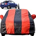 Autofact Car Body Cover for Maruti Swift Dzire (2017 to 2019) with Mirror and Antenna Pocket (Light Weight, Triple Stitched, Heavy Buckle, Bottom Fully Elastic, Red Stripes with Navy Blue Color)