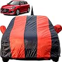 Autofact Car Body Cover for Maruti Swift (2018/2019) with Mirror and Antenna Pocket (Light Weight, Triple Stitched, Heavy Buckle, Bottom Fully Elastic, Red Stripes with Navy Blue Color)